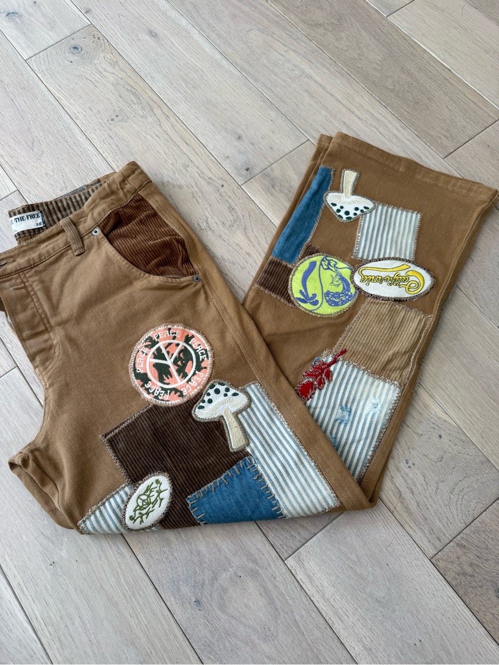 We The Free Brown Patchwork Straight Leg Pants with Blue and Cream Accents